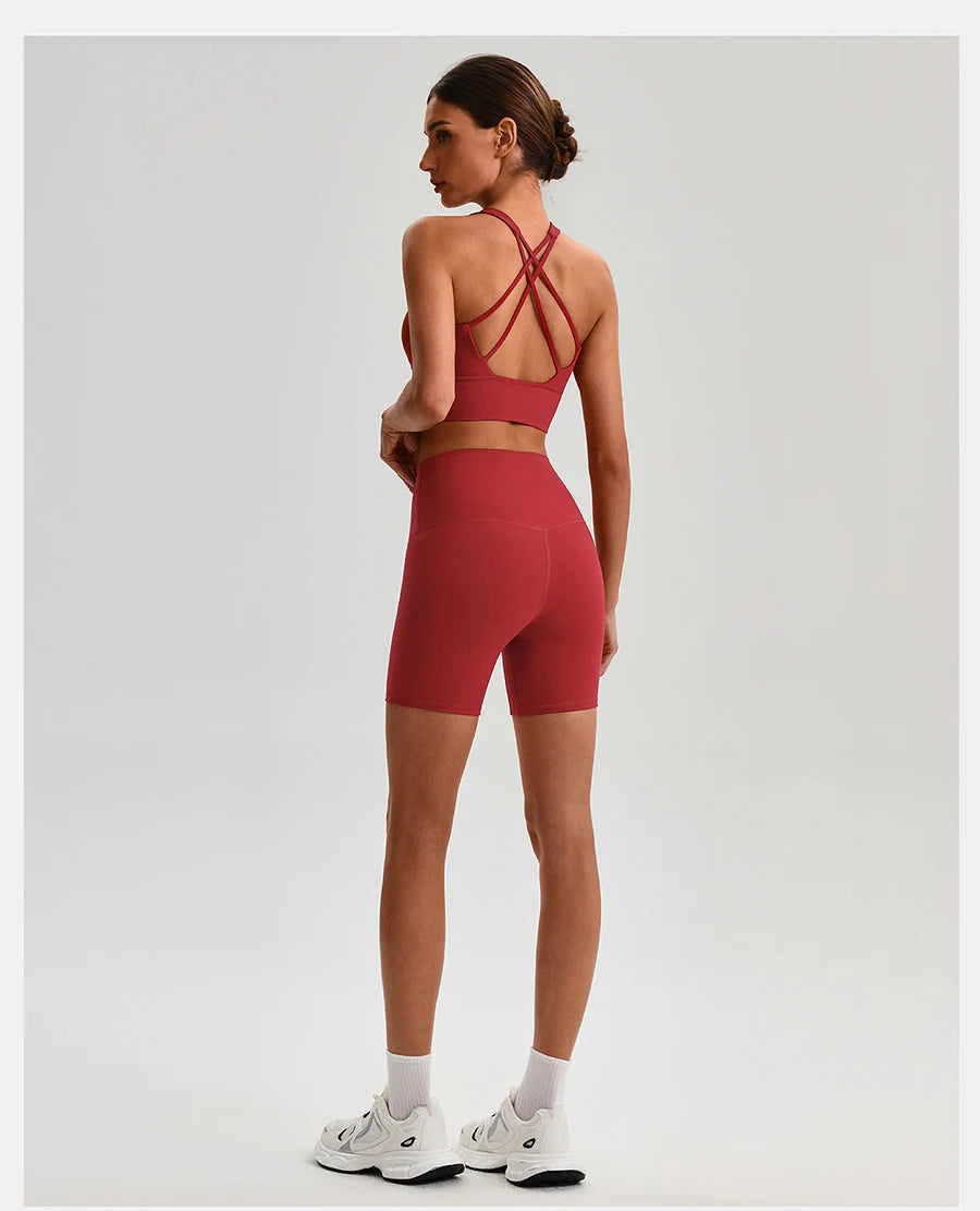 Buttery Soft Nylon Yoga Set Crisscross Back Sports Bra High Waist Biker Shorts 2 Piece Gym Set Workout Outfit Women Activewear