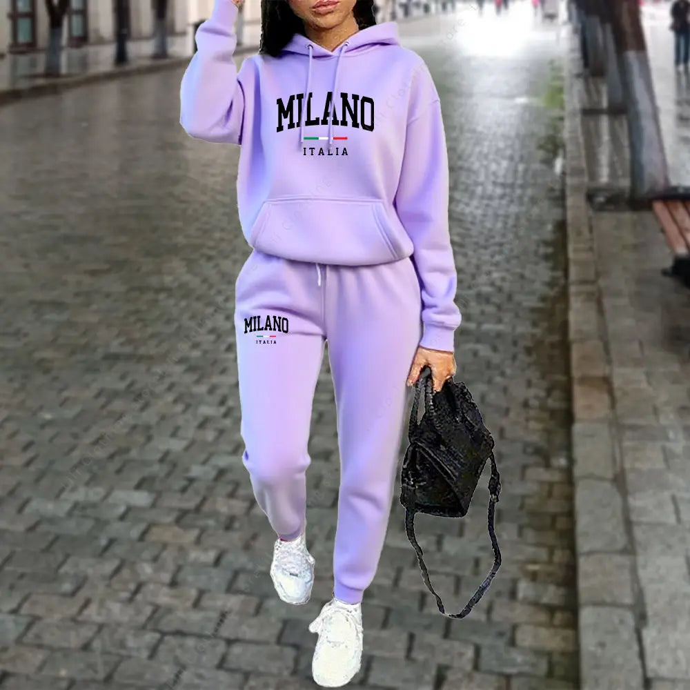 Herbst Winter Damen Sets 2-teilige Hoodies Hosen Anzug Sport Outfits 2025 MILANO Buchstaben-Print Ästhetische Kleidung Damen Trainingsanzug