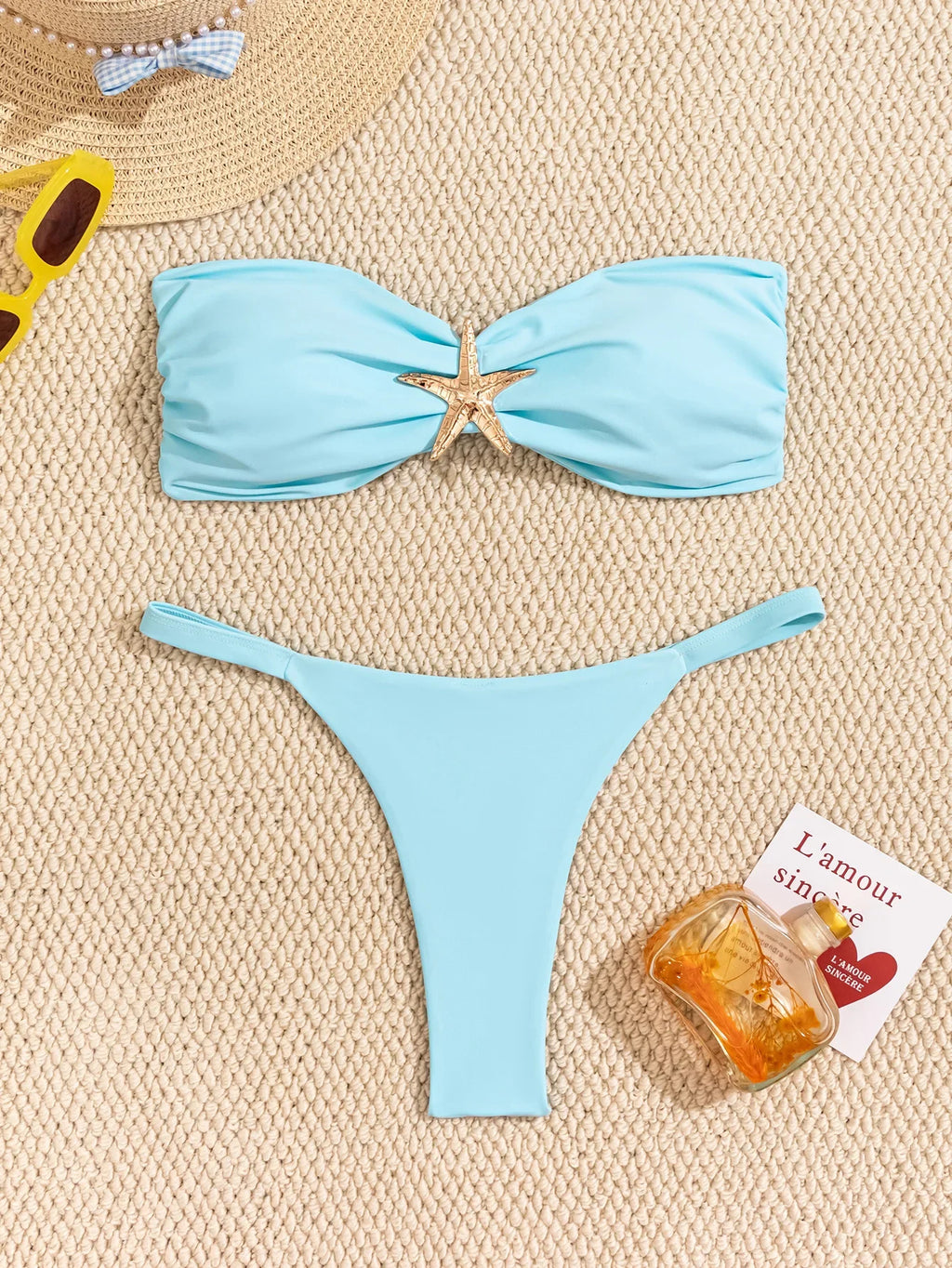 Sexy Bandeau Bikini Set 2026 Damen Himmelblau Seestern Verzierung Push Up String Bikini Brazilian Beach Badeanzug Micro Bademode