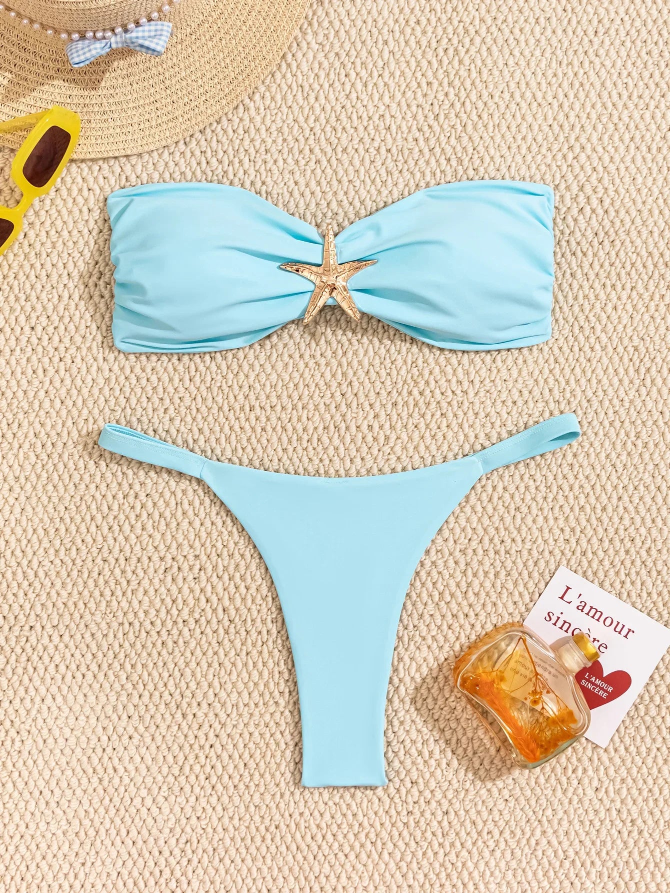 Sexy Bandeau Bikini Set 2026 Damen Himmelblau Seestern Verzierung Push Up String Bikini Brazilian Beach Badeanzug Micro Bademode