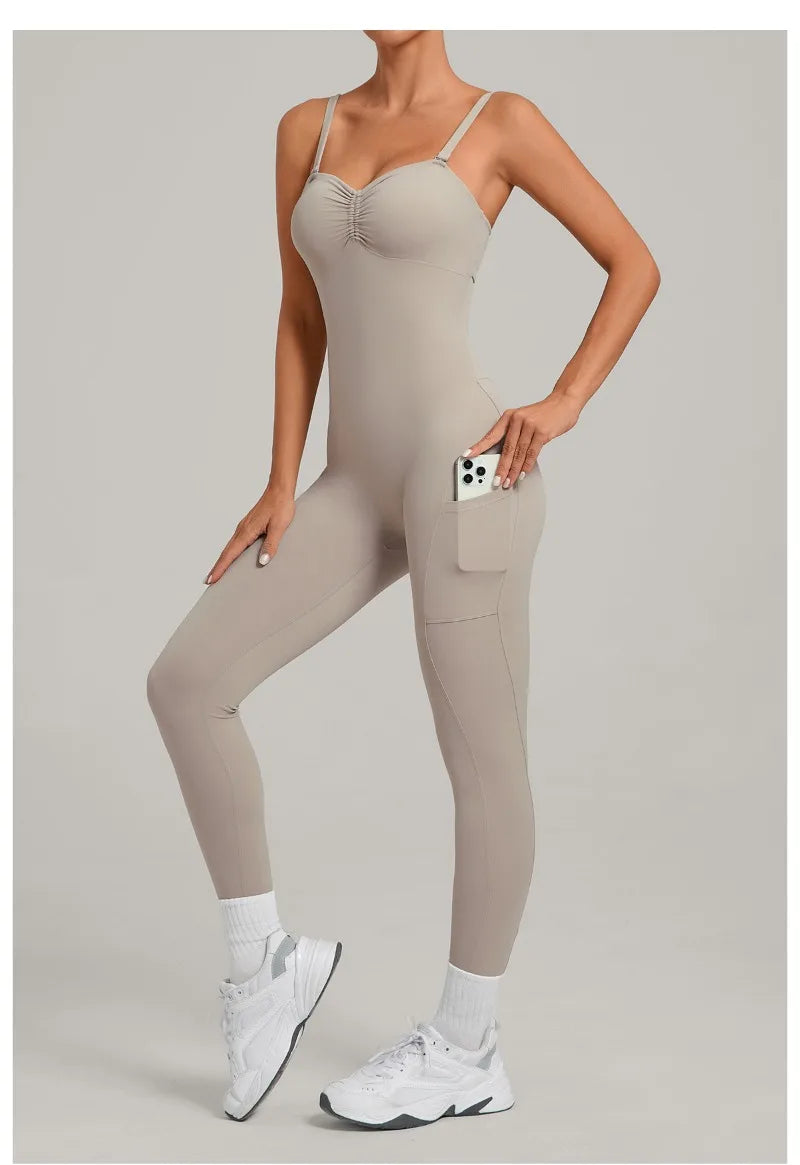 Damen Yoga Jumpsuits Sport Fitness Einteiler Schönheits-Rückengurt Tasche Hüfthebend Slim Fit Laufen Workout Training Bodysuit