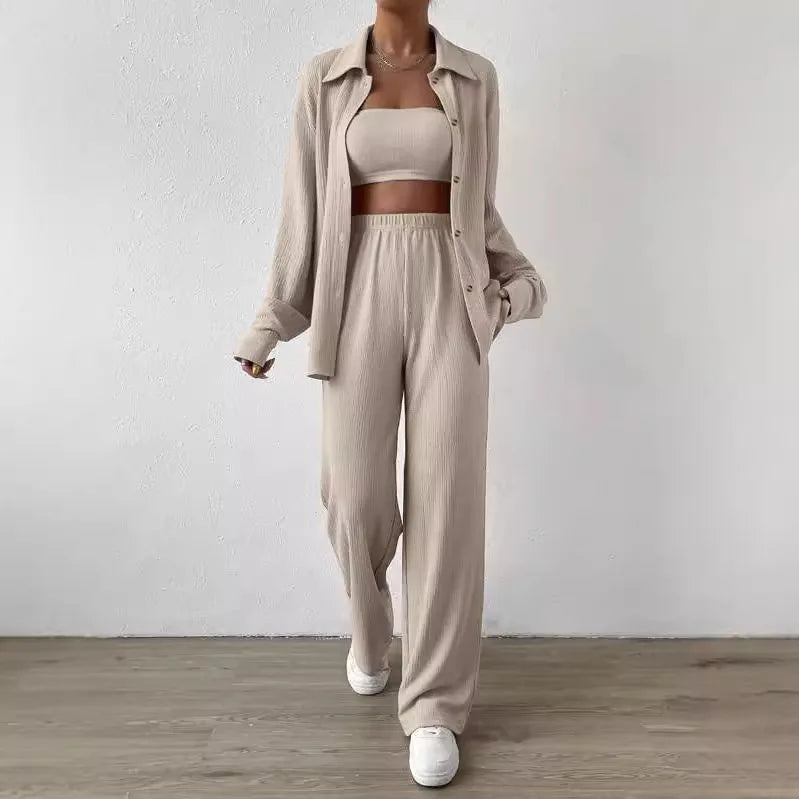 Große Größen Casual Locker Zweiteiler Weites Bein Hose Langarmshirt Hellbeige Street Style Elegant Qualität Polyester Somm...