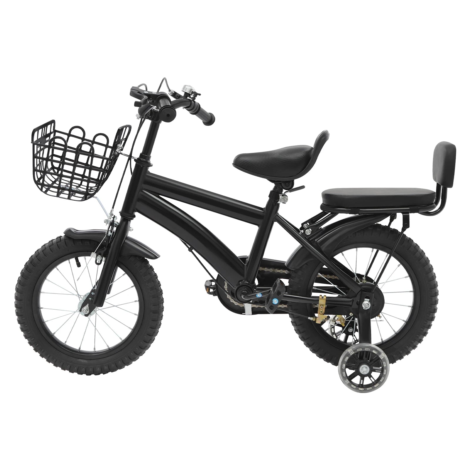 14" Kinderfahrrad Verstellbares Kinderfahrrad Belastbarkeit 60kg mit Stützrädern+Korb+Rückenlehne Rücksitz für 3-7 Jahre (Weiß/Schwarz)