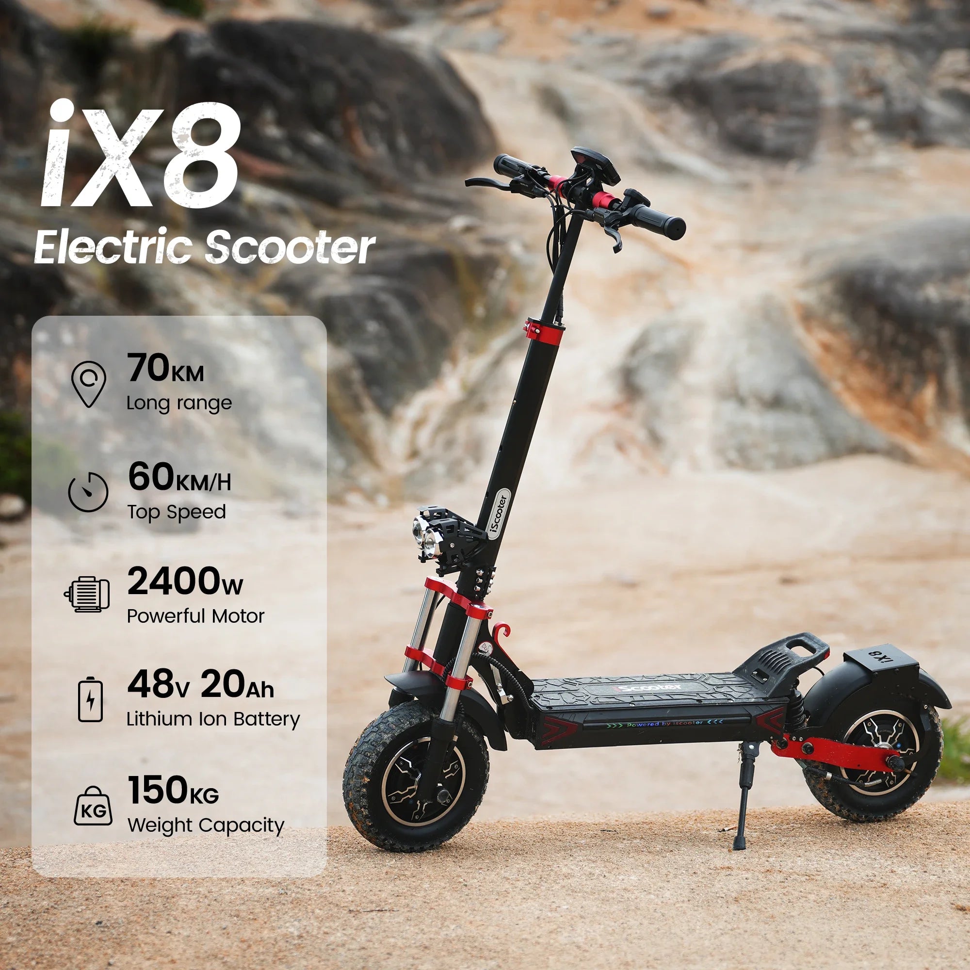 iScooter iX8 Erwachsenen Elektroroller 2400W Motor 48V20Ah Akku 12 Zoll Offroad-Luftreifen Faltbarer E-Scooter