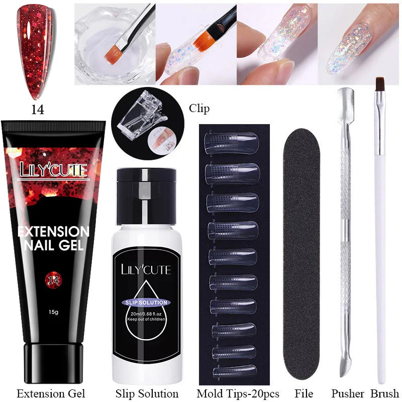 LILYCUTE 15ml Verlängerungsgel-Nagellack-Set Quick Nail Prolong mit Verlängerungsform-Nagelspitzen Acryl-Lösung Maniküre-Werkzeug-Kit