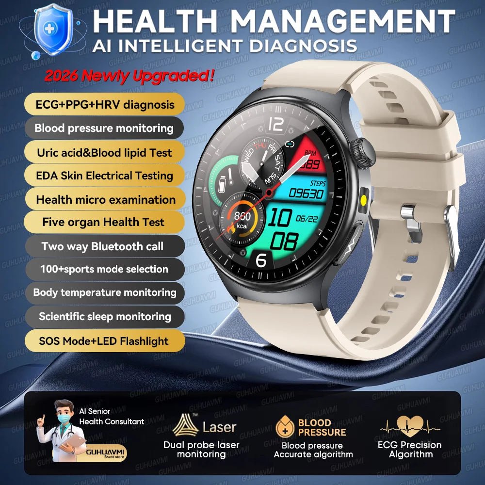 2026 Neue Mikrophysikalische Untersuchung Gesundheits-Smartwatch Herren EKG Harnsäure Lipide Blutdruck BT Anruf Smartwatch Für Android IOS