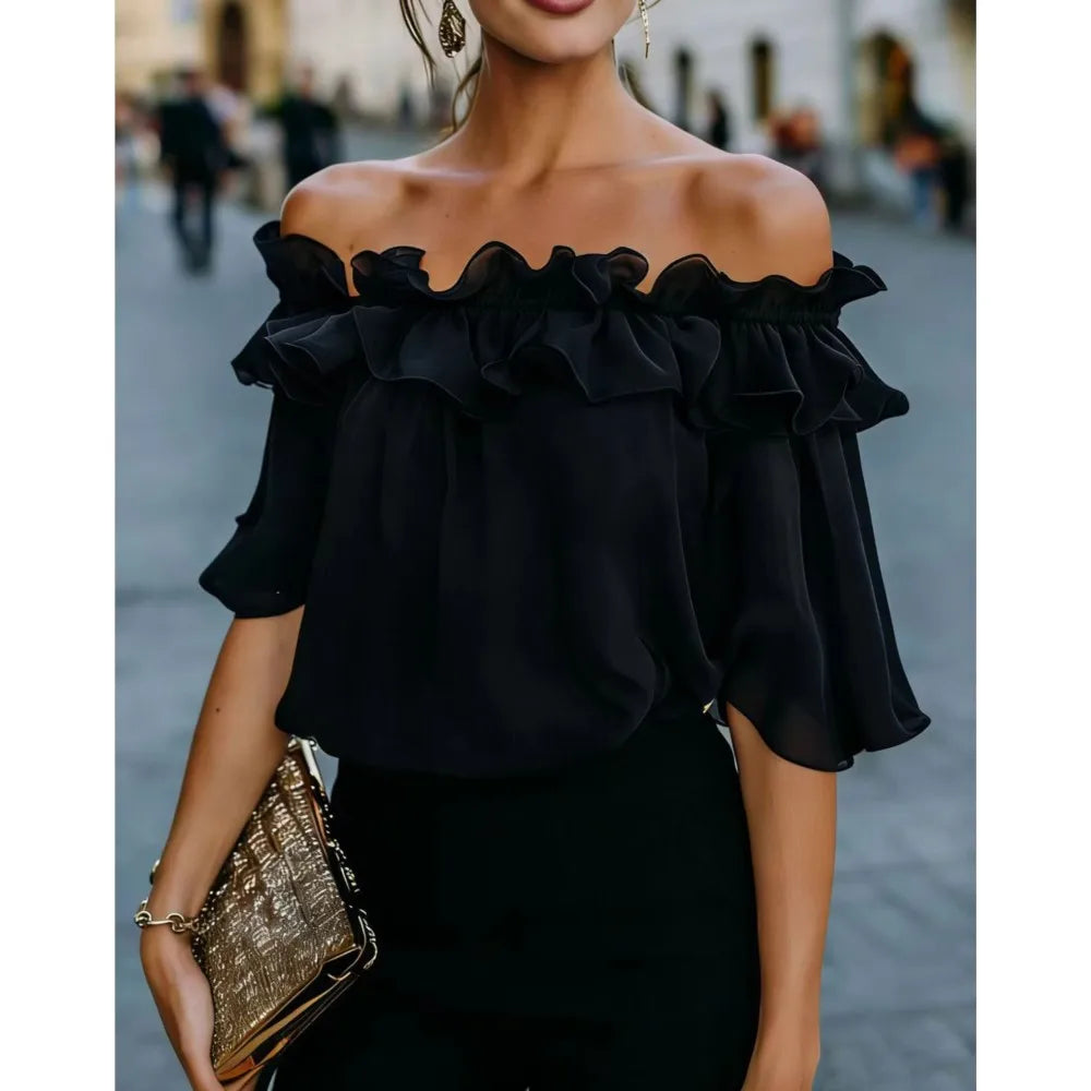 Mode Rüschen Sexy One Shoulder Damen Kurzarmshirt Sommer Neu Lässige Weite Oberteile Weibliche Elegante Vielseitige Bürobluse