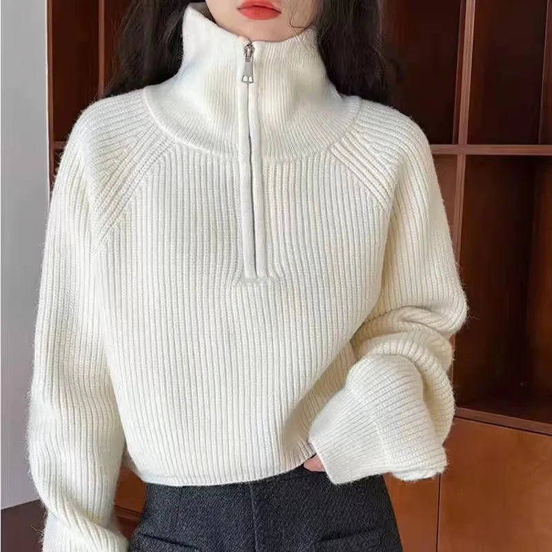 Damen Half-Zip Kragen Pullover Weicher Strick Langarm Kurzer Pulli Herbst Winter Teenager-Mädchen Koreanisches Mode-Outfit