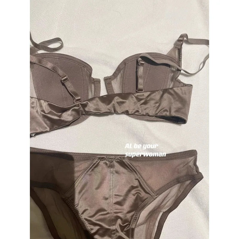 Vorderer Schnallen-Push-up-BH für Damen Dessous-Set Sexy Satin-Mesh Halb-Cup Kabelloser Lift-BH-Set mit verstellbaren Trägern Größe S-XL