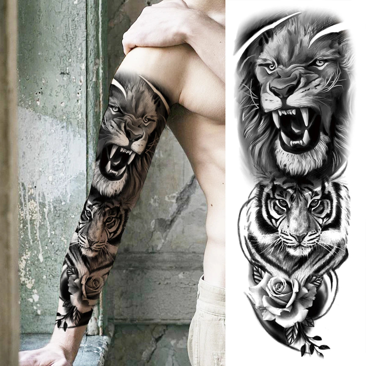 1 Sheet Full Arm Compass Zeus Skull Tiger Lion Flower Temporary Tattoos Sleeve For Men Women Adults Fake Temp Sticker Tattoo