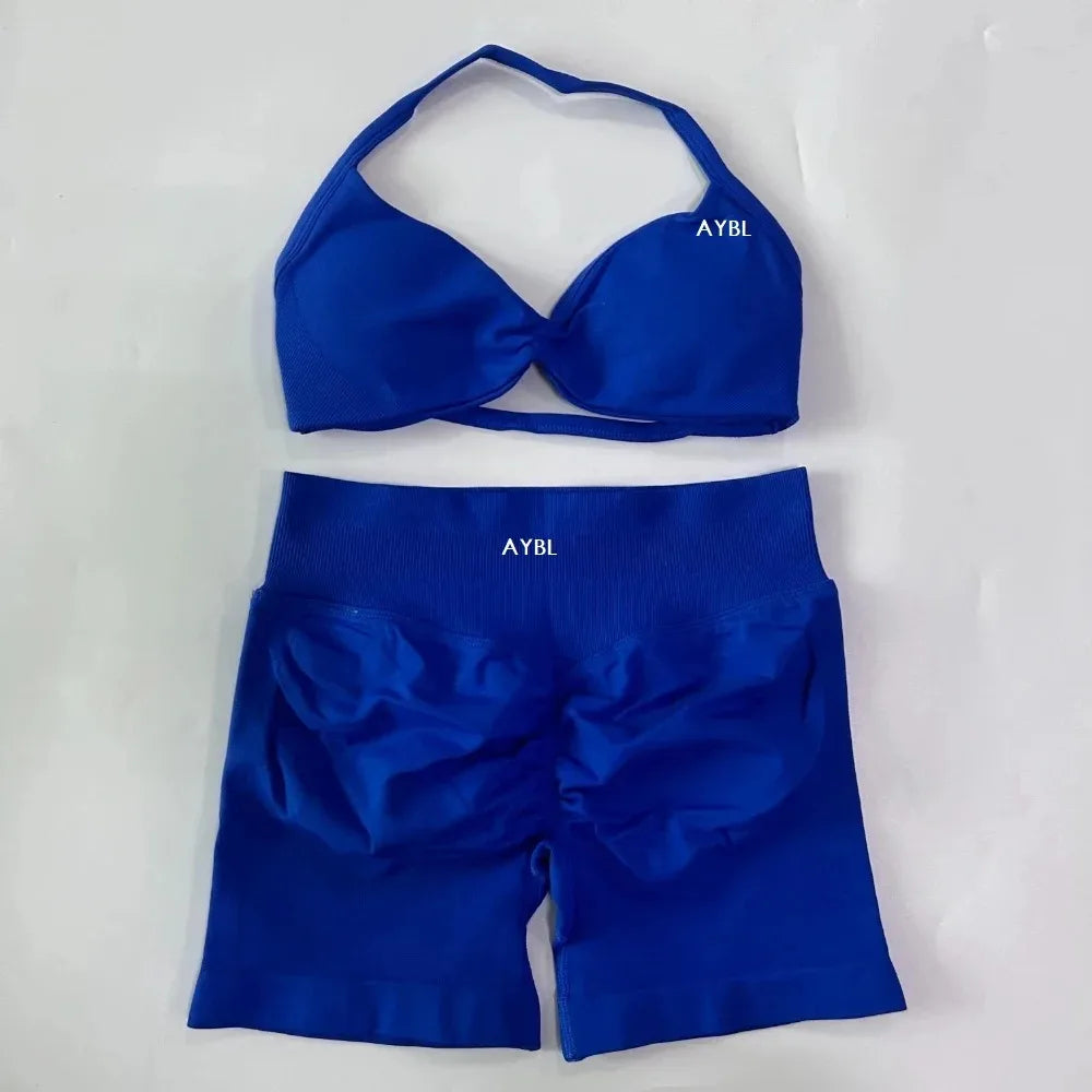 AYBL 2-teiliges Yoga-Set Gym-Set Damen Träger-Yoga-BH Top Hohe Taille Workout Scrunch Shorts Sportanzug Nahtloses Yoga-Set Fitness