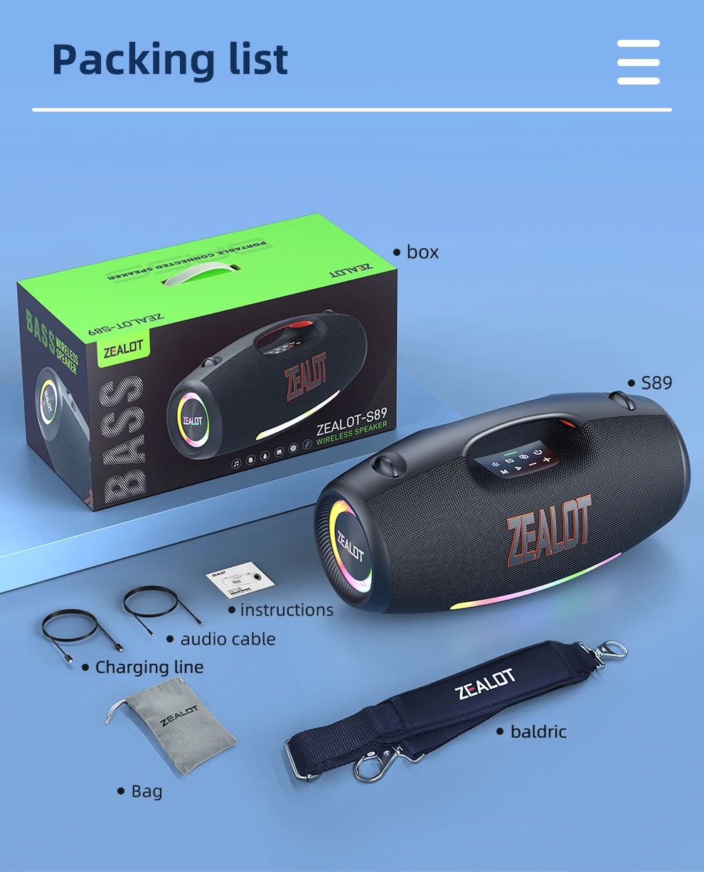 ZEALOT-S89 250W Wasserdichter tragbarer Bluetooth-Lautsprecher, kabelloser Outdoor-Boombox-SubwooferDreifach passive Radiatoren-Tiefer Bass