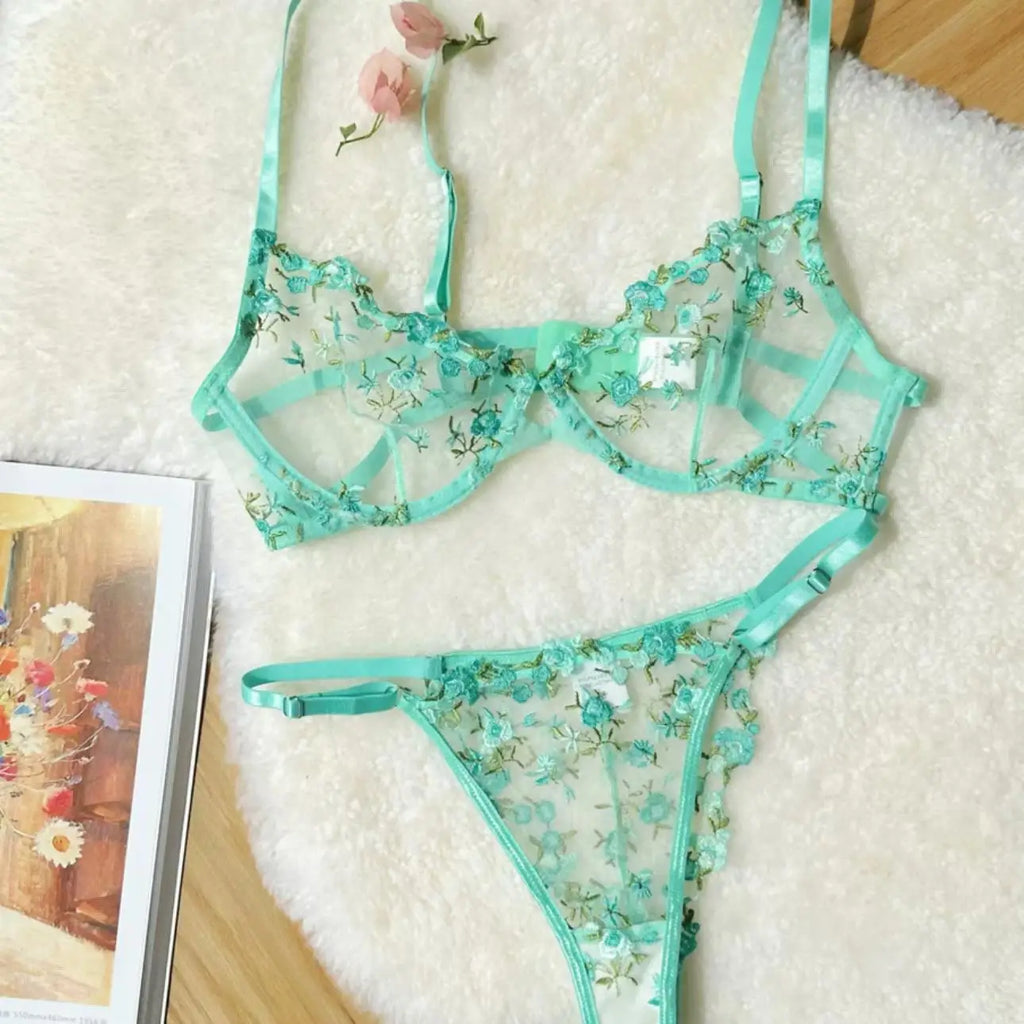 YUQI Französisches Luxus-Dessous-Set – sexy BH- und Höschen-Set mit floraler Stickerei in Schwarz, durchsichtige, transparente, verführerische Damen-Unterwäsche