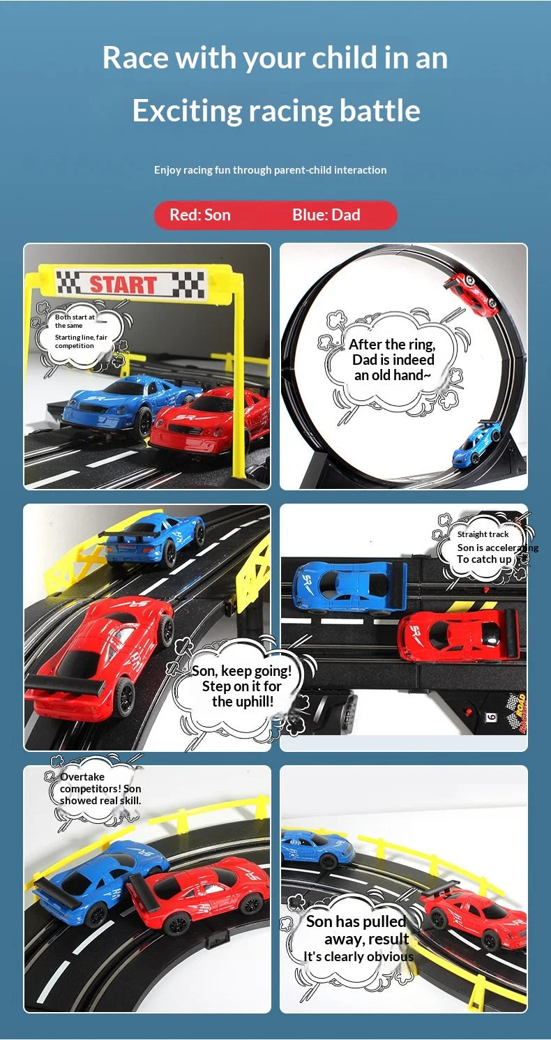 Elektrische ferngesteuerte Slot-Car-Rennbahn, groß, 2 Spieler, wettbewerbsfähig, Dual-Modus, ferngesteuert, einstellbar, Spleißen, Kinder-Erwachsenen-Geschenkset