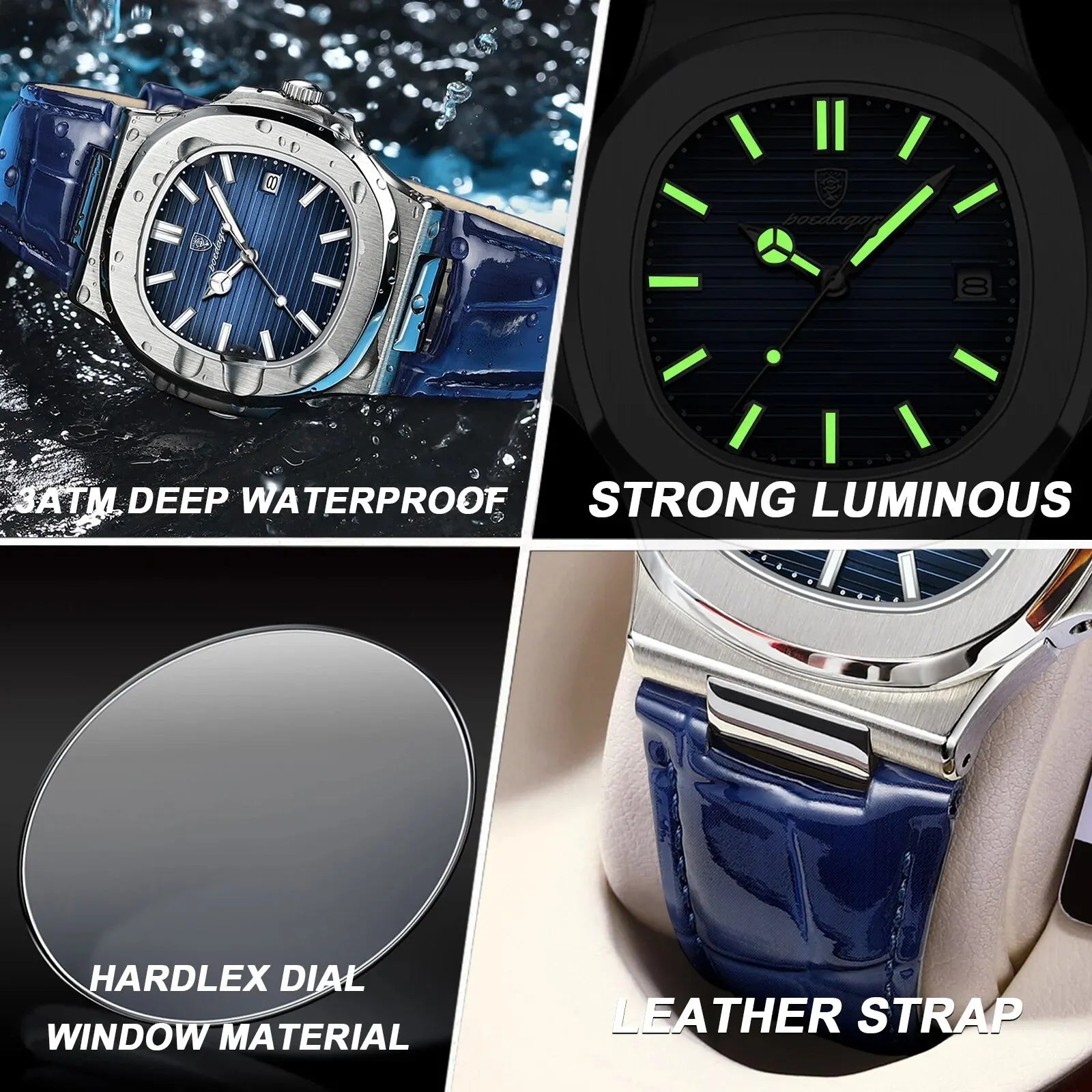 POEDAGAR Top Luxus Quadratische Herrenuhr Datum Wasserdicht Leuchtend Herren Armbanduhr Hochwertige Leder Herren Quarzuhren+Box Reloj