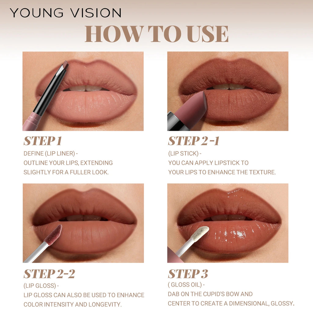 4tlg. Set Langanhaltendes Wasserdichtes Lippen-Make-up-Kit – Weicher, geschmeidiger cremiger Lippenstift & Lipgloss Lip Oil Set