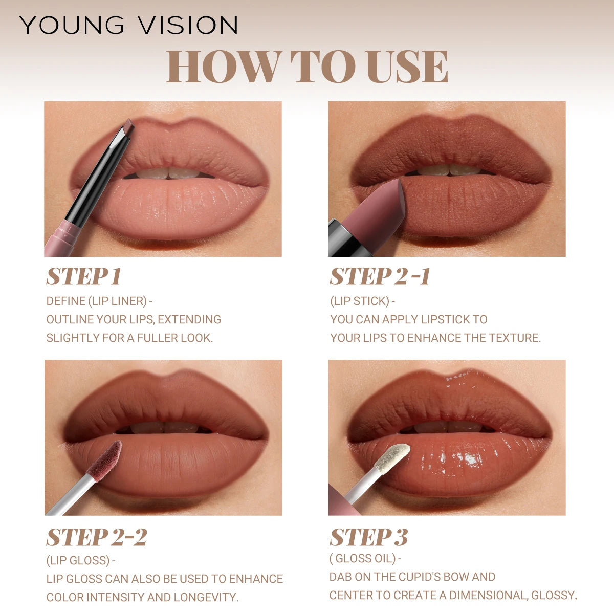 4tlg. Set Langanhaltendes Wasserdichtes Lippen-Make-up-Kit – Weicher, geschmeidiger cremiger Lippenstift & Lipgloss Lip Oil Set