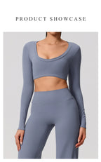 Neue Sommer Damen Rückenloses Langarm Yoga-Top Atmungsaktive weiche Sportbekleidung für Fitness-Training Bequeme Fitnesskleidung für Frauen
