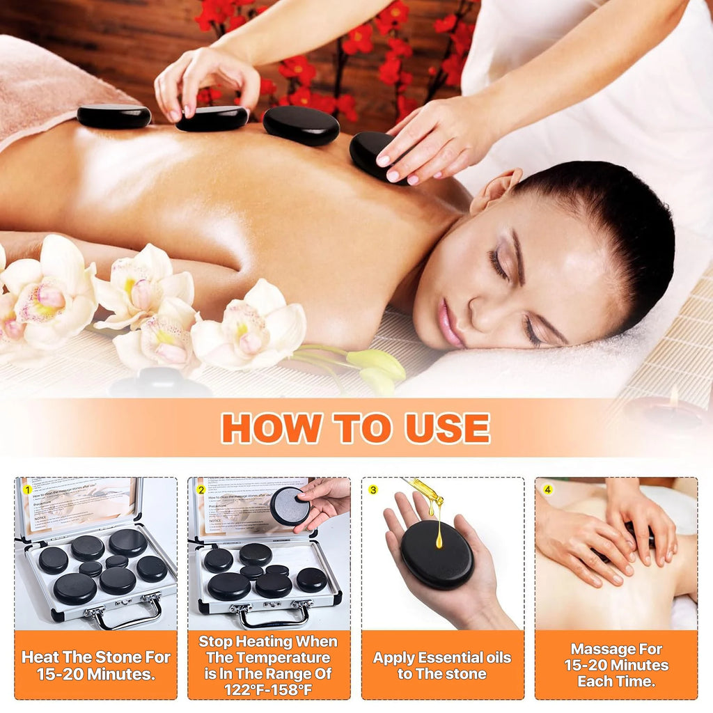 HEISSE STEINMASSAGE-SET - Professionelle Spa-Massagegeräte - Für Nacken, Rücken, Bauch, Beine & Ganzkörpermassage