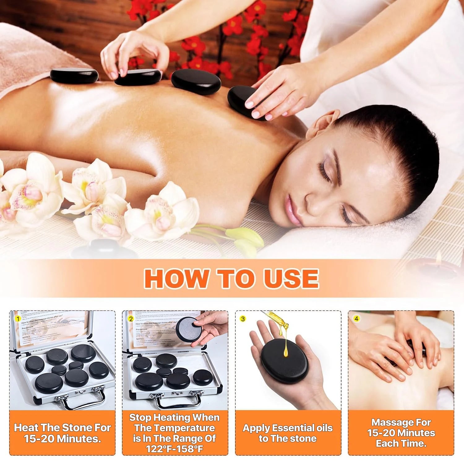 HEISSE STEINMASSAGE-SET - Professionelle Spa-Massagegeräte - Für Nacken, Rücken, Bauch, Beine & Ganzkörpermassage