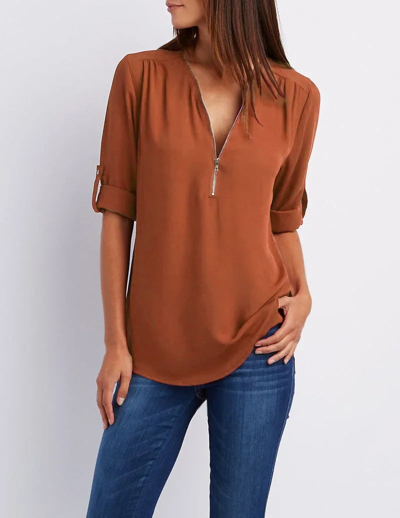 2024 Qualität Heißer Verkauf Plus Size Tiefer V-Ausschnitt Damenbluse Chiffon Coole lockere Hemd Mode Freizeit Damen Tops Sexy Reißverschluss Pullover