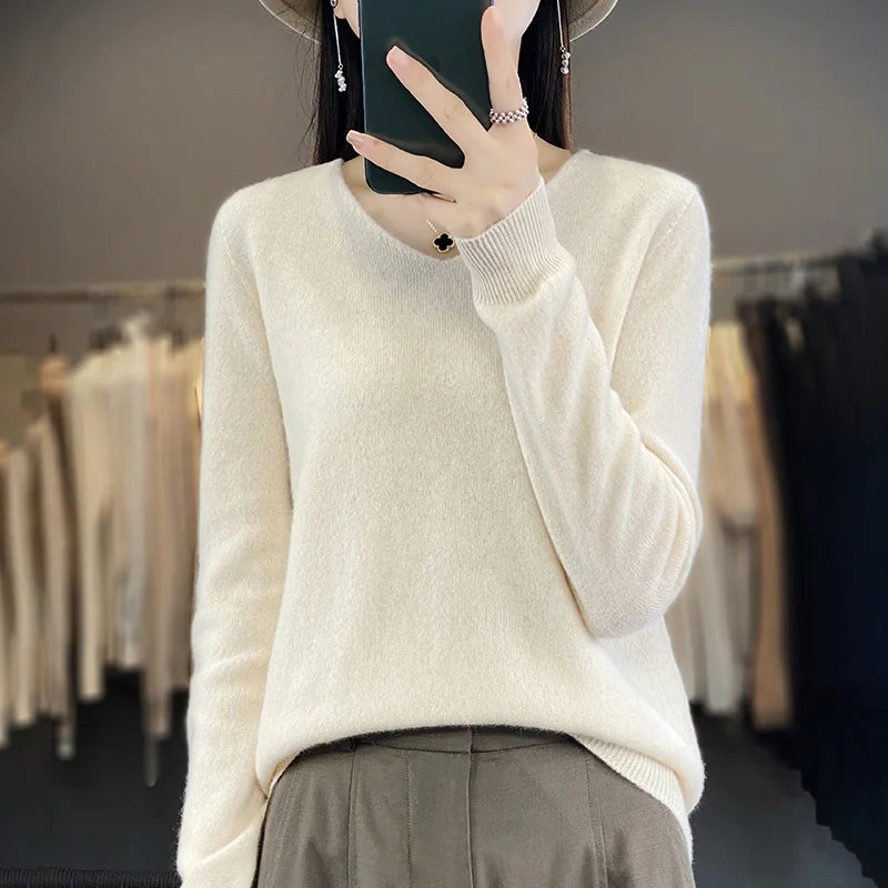 Damen 100% Merinowolle Pullover V-Ausschnitt Basic Pulli Herbst Winter Kaschmir Kleidung Langarm Weiche Strickware Oberteile Unifarben