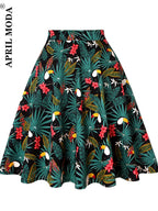 Damen-Laufsteg Baumwolle Retro Vintage Rock Schwarz Faldas High Waist A-Linie Rockabilly Jupe 50er Swing Tellerrock Pin Up Skater