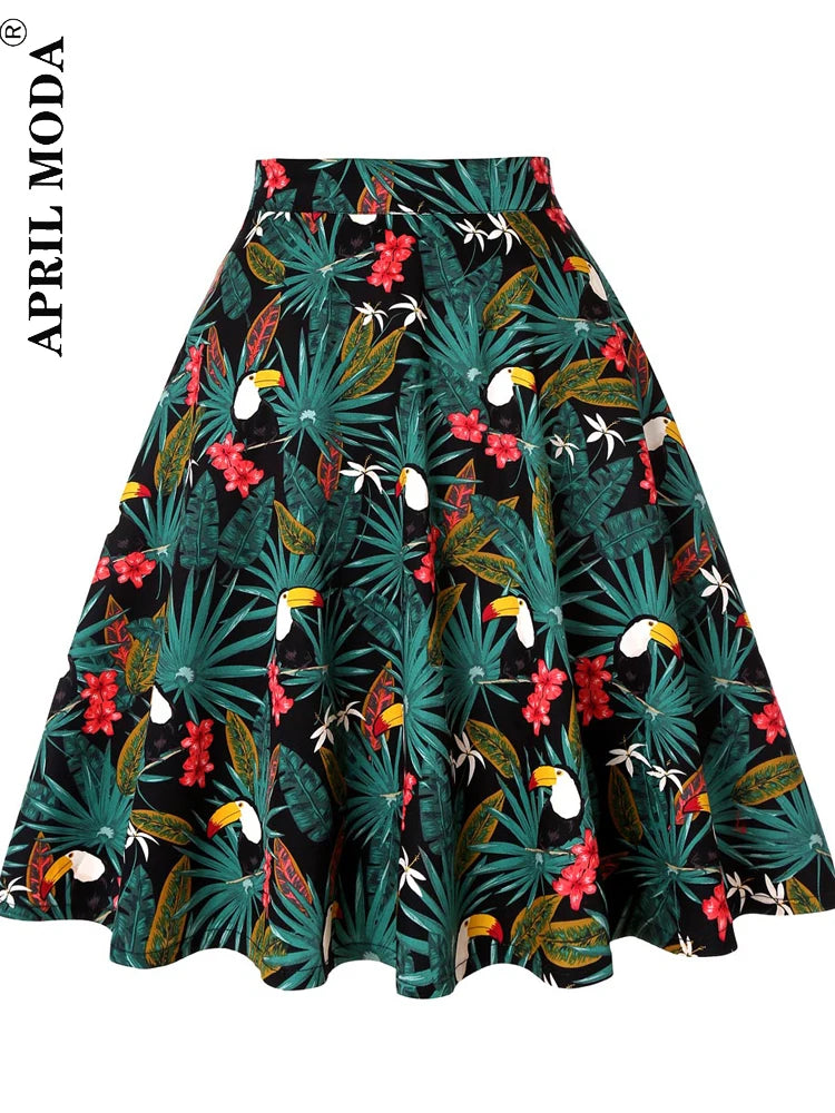 Damen-Laufsteg Baumwolle Retro Vintage Rock Schwarz Faldas High Waist A-Linie Rockabilly Jupe 50er Swing Tellerrock Pin Up Skater