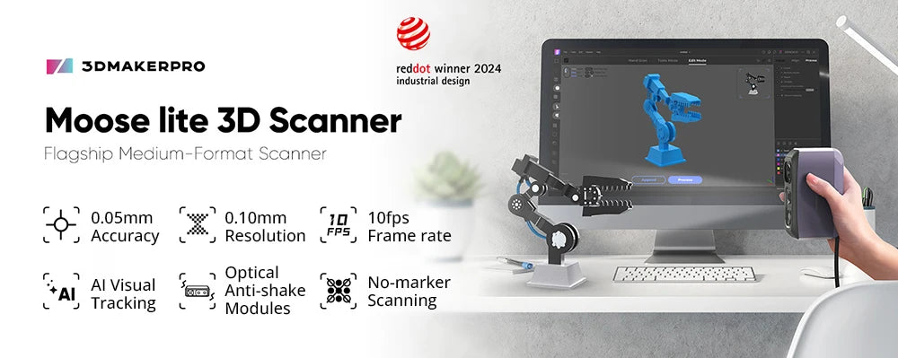 3DMakerpro Moose Lite 3D Scanner, NIR Light Source, 0.05mm Accuracy, 0.10mm Resolution, 24-bit Color Camera, 10fps Frame Rate, Anti-Shake Lenses, Compatible with Windows/MacOS - Luxury Version