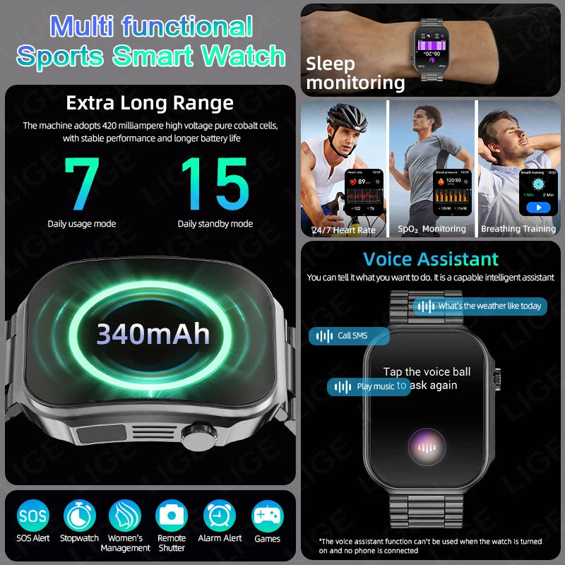 LIGE Neue 2,2-Zoll 3D Gebogenes Display Smartwatch Mit LED-Licht Thermometer Gesundheitsmonitor Smartwatch BT Anruf Sport Fitness Uhr