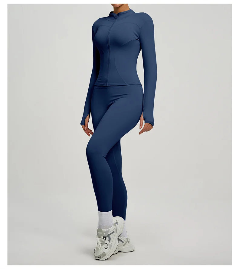 SVEIC Damen Zweiteiliger Trainingsanzug Yoga Set Langarmjacke High Waisted Leggings Atmungsaktive Sportkleidung Für Frauen