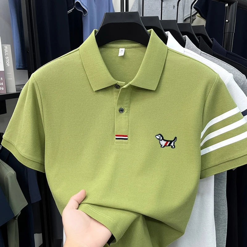Luxusmarke Herren hochwertiges Kurzarm-Poloshirt Revers Stickerei Welpe Manschette Streifen T-Shirt Business Freizeit Herrenbekleidung
