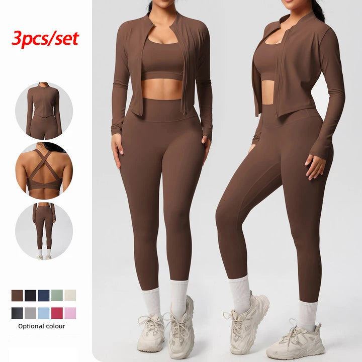 3-teiliges Sportbekleidung Yoga-Set Gym Sport-BH Reißverschlussjacke Leggings Kleidung Sportbekleidung Yoga-Anzüge für Damen Fitness-Set Trainingsanzug