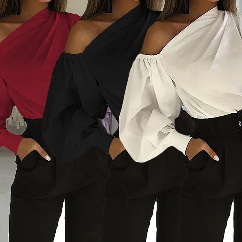 Sexy schulterfreie Damenhemden Sommer Laternenärmel Bluse Casual Loose Solid Tops Lady Elegante Blusen Femme Streetwear Hemd Zweitbild
