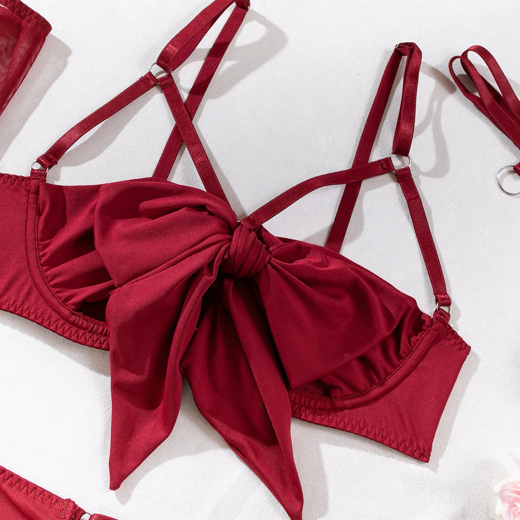 Sexy Dessous-Set mit Schleifenverzierung, durchbrochen, für Damen, einfarbig, exotische Bekleidung, weiblicher Stil, reine Begierde, Unterwäsche mit Strapsen und Handschuhen