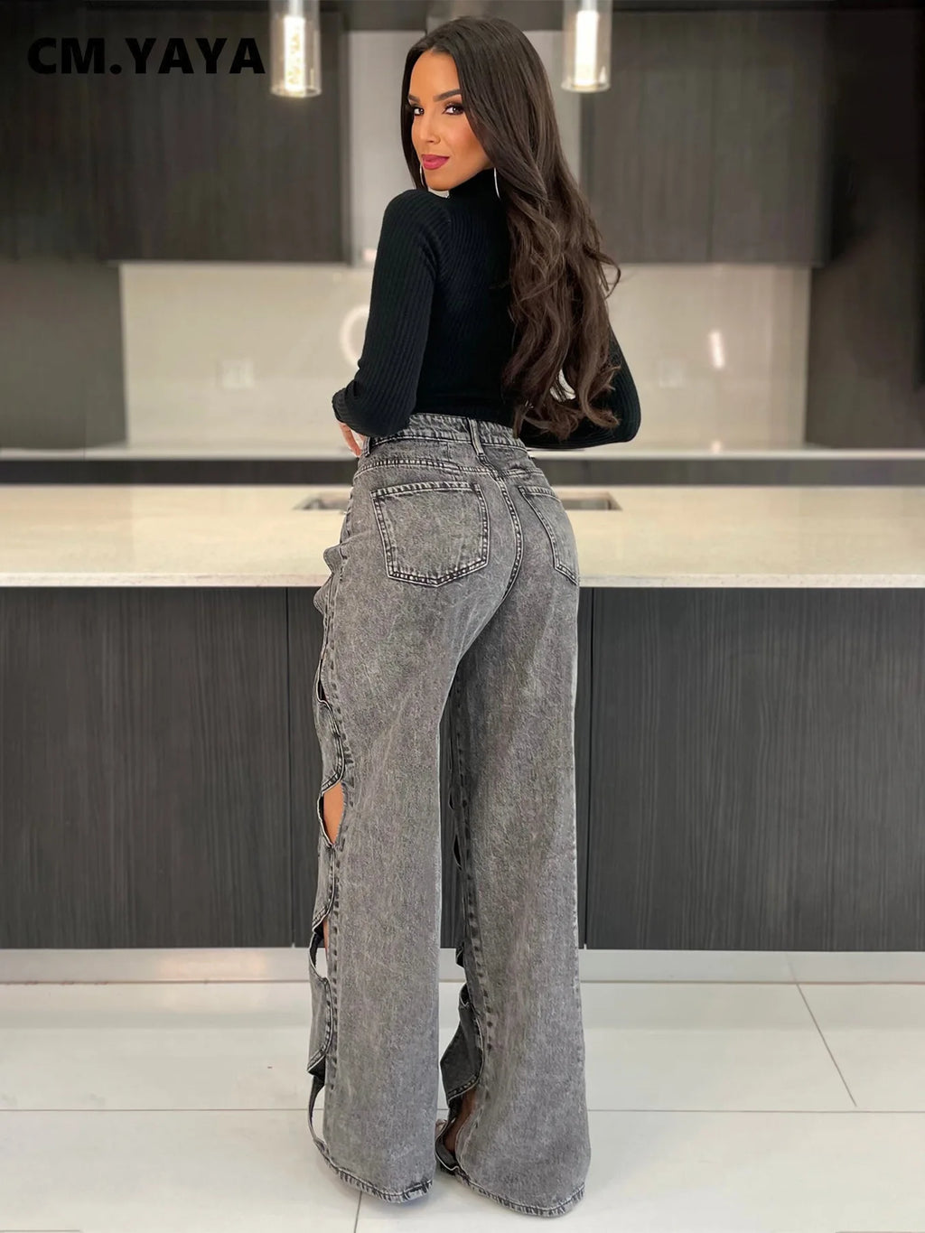 CM.YAYA Damen Vintage Cutout Hollow Out Criss Cross Gerade Denim Hose 2024 Mode INS High Waist Weite Beine Jeans Hose