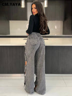 CM.YAYA Damen Vintage Cutout Hollow Out Criss Cross Gerade Denim Hose 2024 Mode INS High Waist Weite Beine Jeans Hose