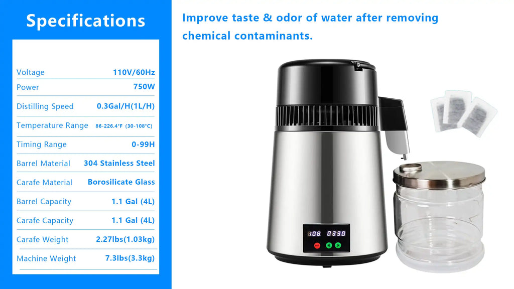 750W 4L Wasser-Destilliergerät Haushalt Destilliertes Reinwassergerät Destillationsreiniger Filter Edelstahl Wasserfilter