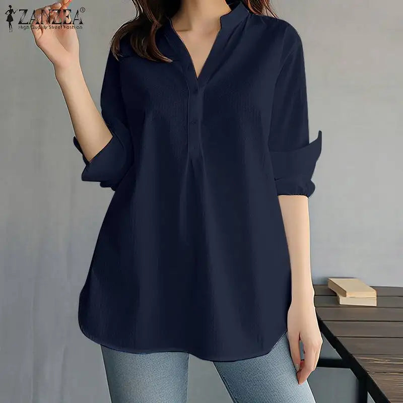 ZANZEA Damen Mode Weiße Hemden Lässig Weite Button-Down-Blusen 2024 Sommer Büro Bluse Koreanische OL V-Ausschnitt Langarm Tuniken