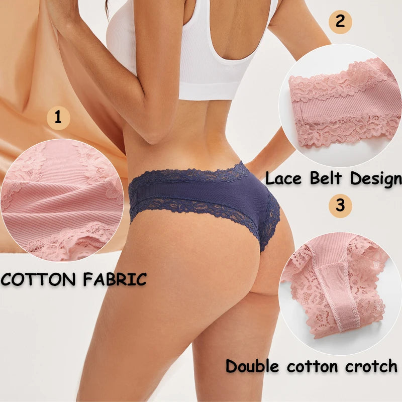 FINETOO 3er-Pack Damen Baumwollunterwäsche Slips Sexy Spitze Brasilianischer Slip Niedrige Taille Blumenmuster Einfarbig G-String Atmungsaktive Dessous