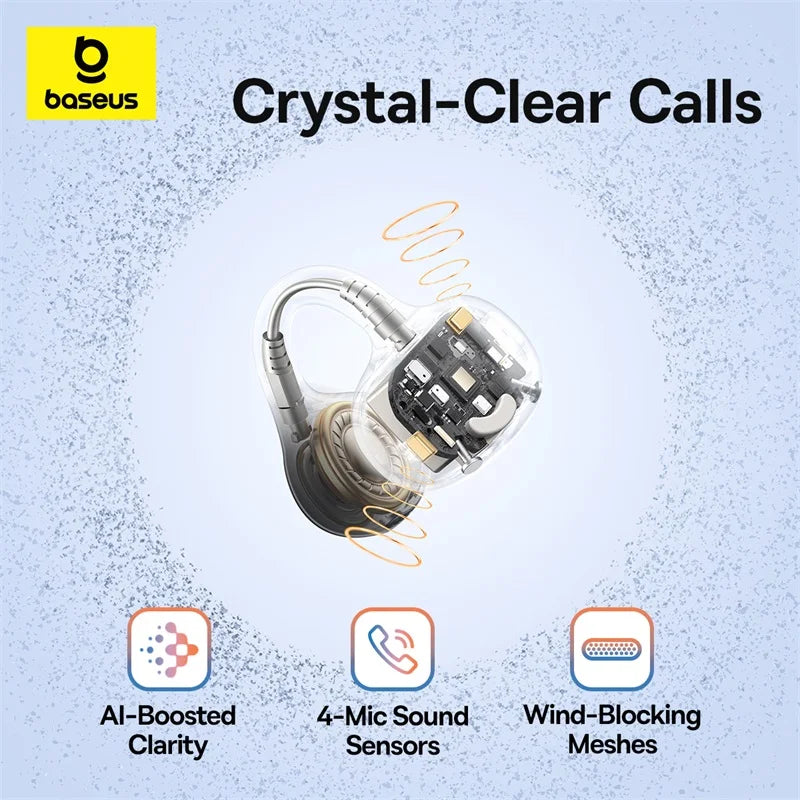 Baseus BC1 Ear-Clip-Ohrhörer Open-Ear Drahtlose Kopfhörer Bluetooth 6.0 Clip-On Sport-Kopfhörer 4 Mikrofone Super Bass IP55 Ohrstöpsel