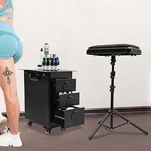 Rollender Make-up-Trolley mit Tattoo-Armlehnenständer, Beauty-Trolley mit 3 Schubladen, 4 Universalrädern und Zahlenschloss