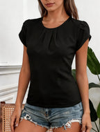 Damen Chiffon Bluse Schwarz Rundhals Plissiert Puffärmel Oberteil Locker Sitzende Lässige Chic Hemden Tops Frühling Sommer Büro Alltagskleidung