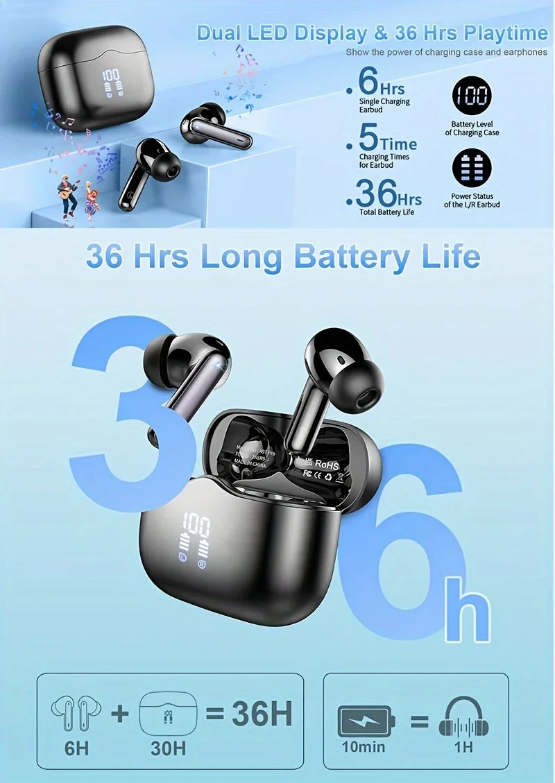 UYUXIO Kabelloser Kopfhörer 40 dB Geräuschunterdrückung Bluetooth 5.3 Kopfhörer ENC mit LED-Anzeige HD TWS Ohrhörer Transparenzmodus