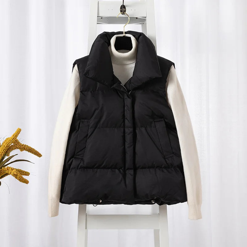Damenmode Herbst Neu 2024 Stehkragen Elegante Daunenmäntel Warme Oberbekleidung Freizeitgürtel Ärmellose Winter Damenwesten Jacken