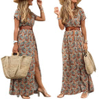 Sommer Bohemian Damen Maxikleid 2024 V-Ausschnitt Kurzarm Geblümt Strand Elegant Vintage Kleid mit Gürtel