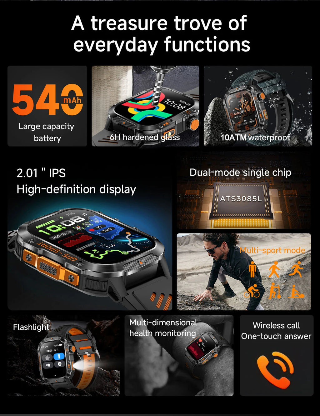 2025Neue GPS Smartwatch für Xiaomi IOS Militärkompass Taschenlampe Smartwatch Herren 10ATM Wasserdicht 100+Sportmodi BT Anruf Uhr