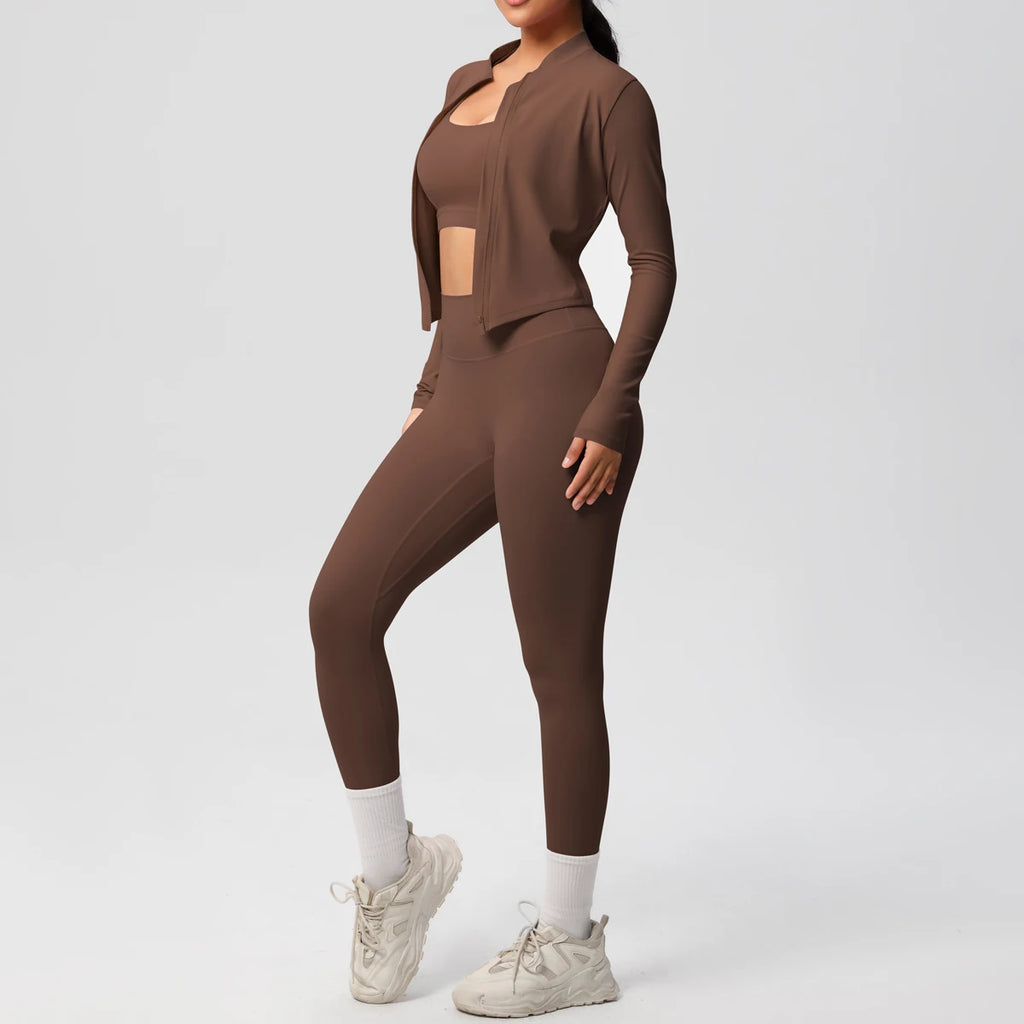 3-teiliges Sportbekleidung Yoga-Set Gym Sport-BH Reißverschlussjacke Leggings Kleidung Sportbekleidung Yoga-Anzüge für Damen Fitness-Set Trainingsanzug