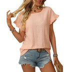 Solid Casual Loose Blouses For Women Fashion 2025 Summer Women's Hollow Short Sleeve Shirts And Blouses Elegant Female Blue Tops