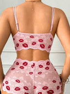 Sexy Lippenprint Damen Unterwäsche Set Hohl-Spitze Ungefütterter BH Sexy Dessous Set Dünner Cup Ohne Bügel Sexy BHs und Transparenter Slip